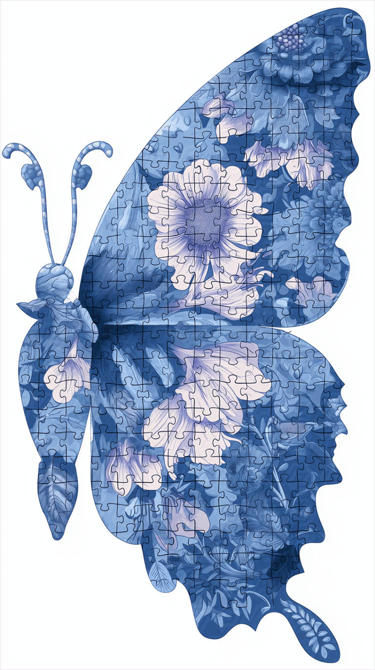 Blue Floral Butterfly Shaped Puzzle With Botanical Detail