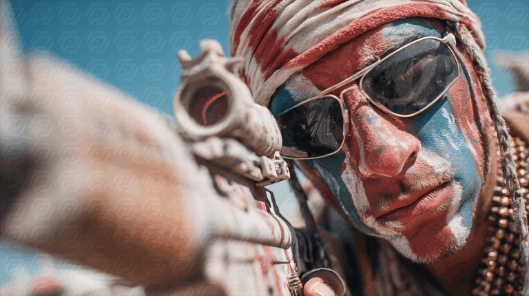 Masked Fighter with Patriotic Face Paint Aiming Down Scope