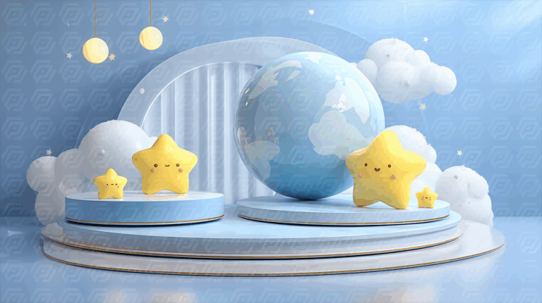 Happy Cartoon Stars With Planet Earth On Stage