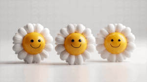 Three Cute Daisies With Yellow Smiley Faces On White Background