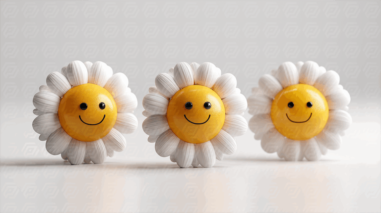 Three Cute Daisies With Yellow Smiley Faces On White Background