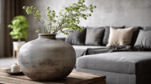Textured Vase With Greenery On Wooden Table Cozy Living Room