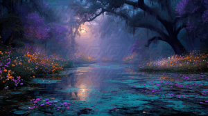 Enchanted Forest Stream Surrounded by Wildflowers at Twilight