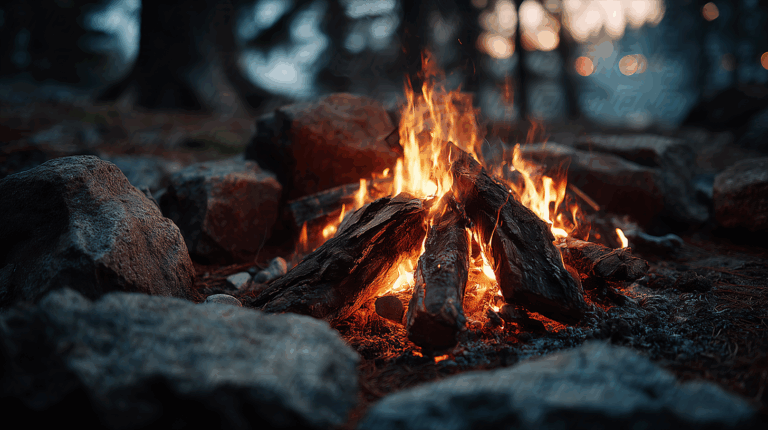 Crackling Campfire in a Forest Clearing at Dusk