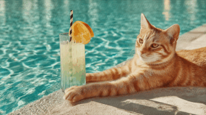 Relaxed Cat by Pool With Lemonade Drink