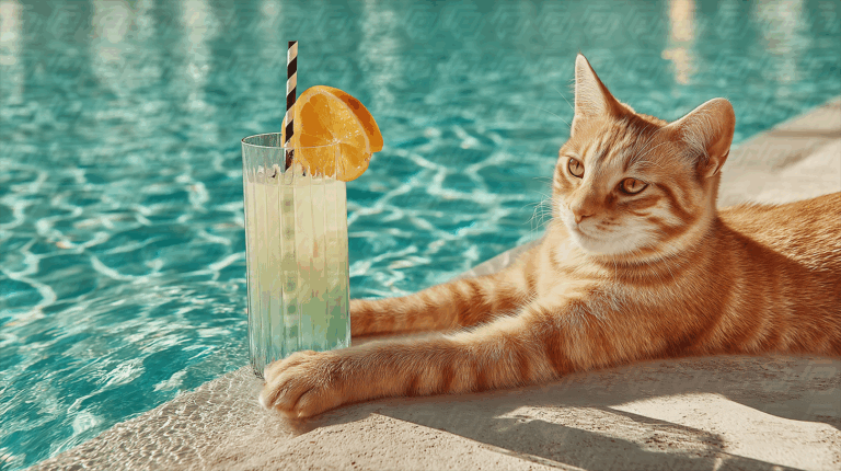 Relaxed Cat by Pool With Lemonade Drink