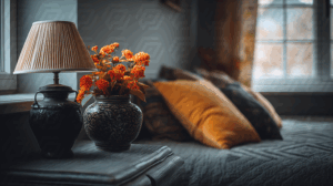 Cozy Bedroom Scene With Orange Flowers and Vintage Lamp