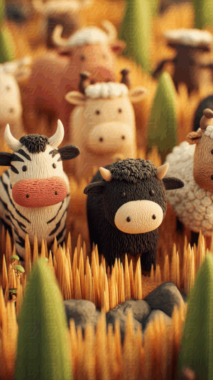 Cartoon Cattle in a Stylized Meadow with Pointed Grass