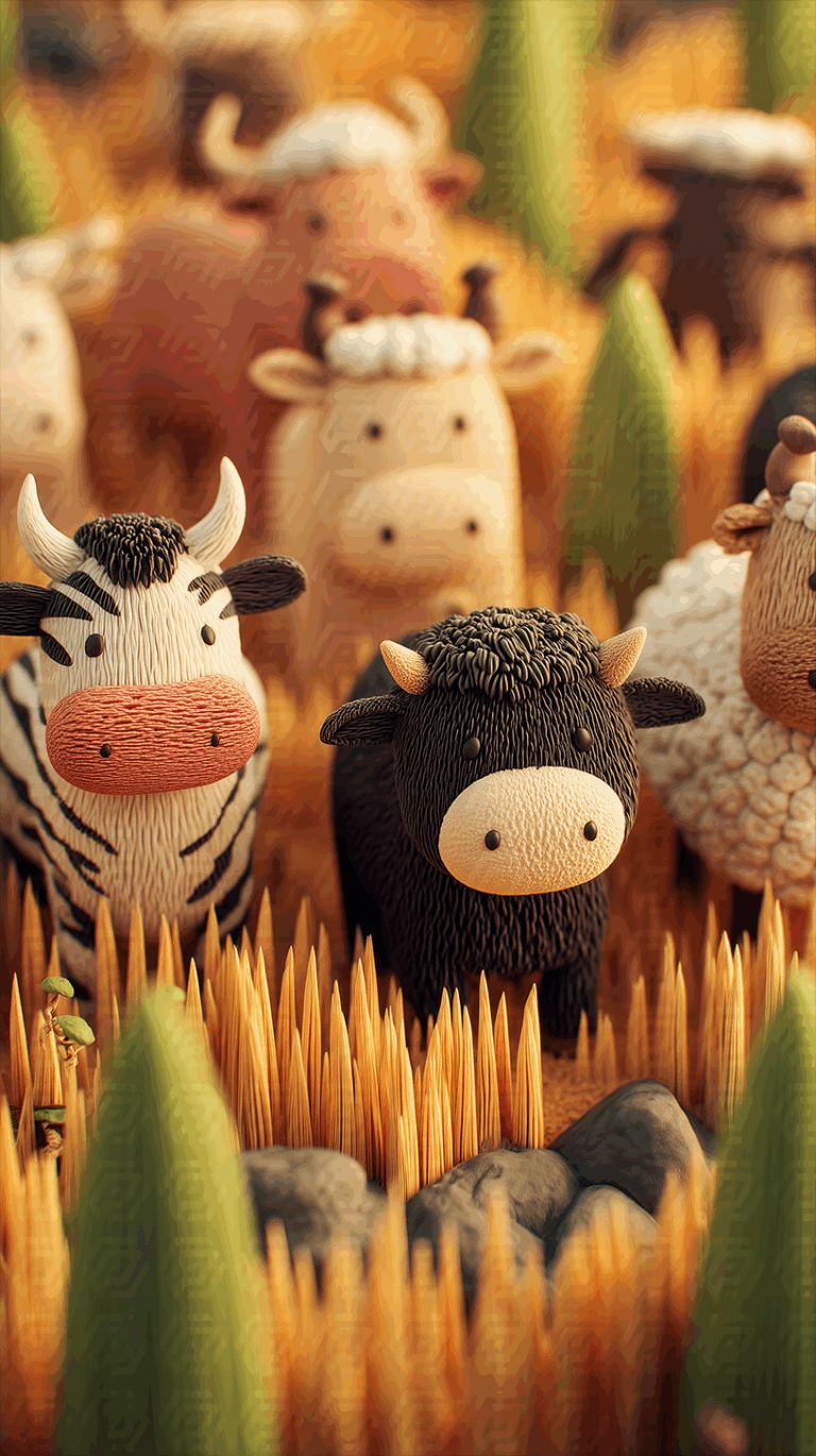 Cartoon Cattle in a Stylized Meadow with Pointed Grass