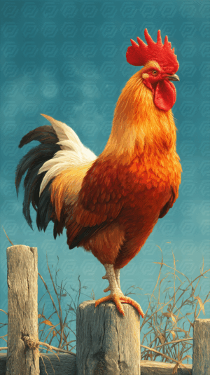 Vivid Rooster Perched On Wooden Fence With Blue Sky