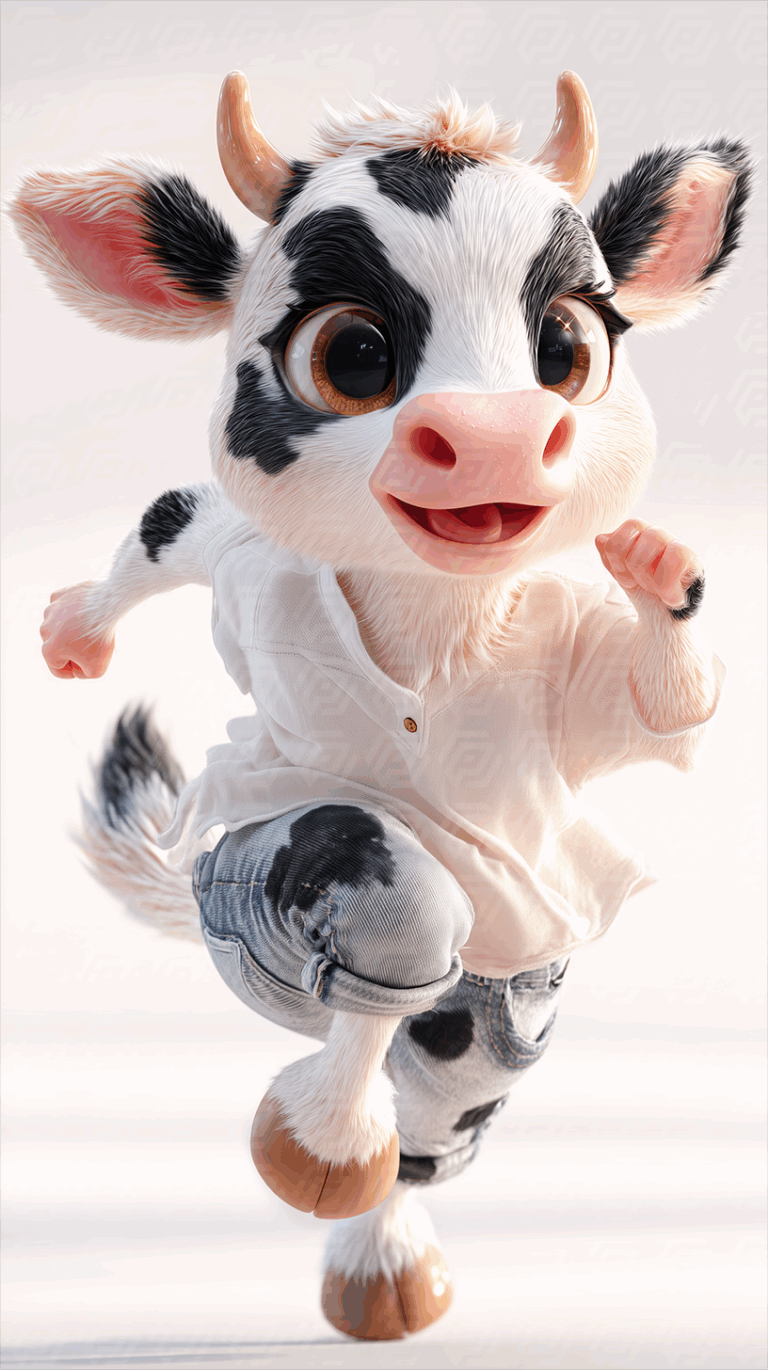 Energetic Cartoon Cow in White Shirt and Denim Leaping with Joy