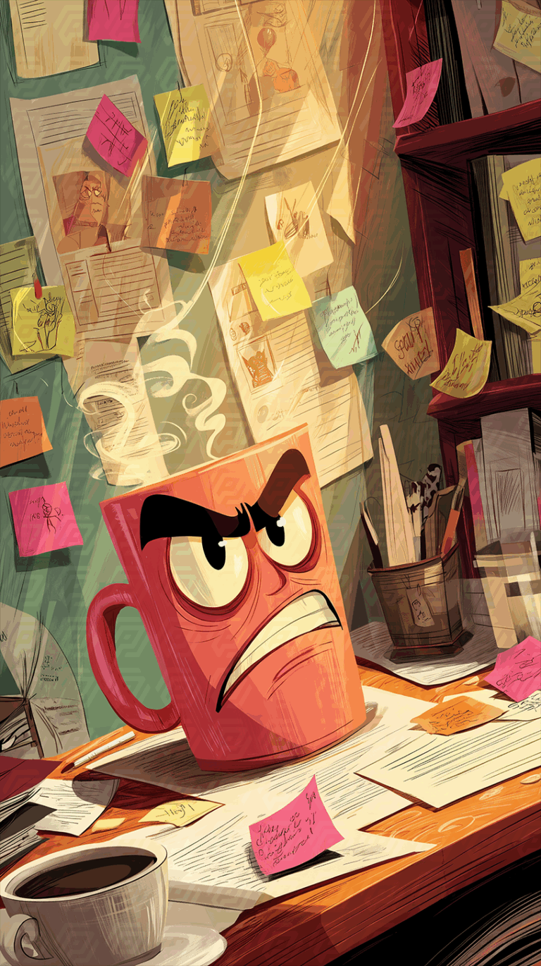 Angry Red Coffee Mug in Chaotic Office with Sticky Notes