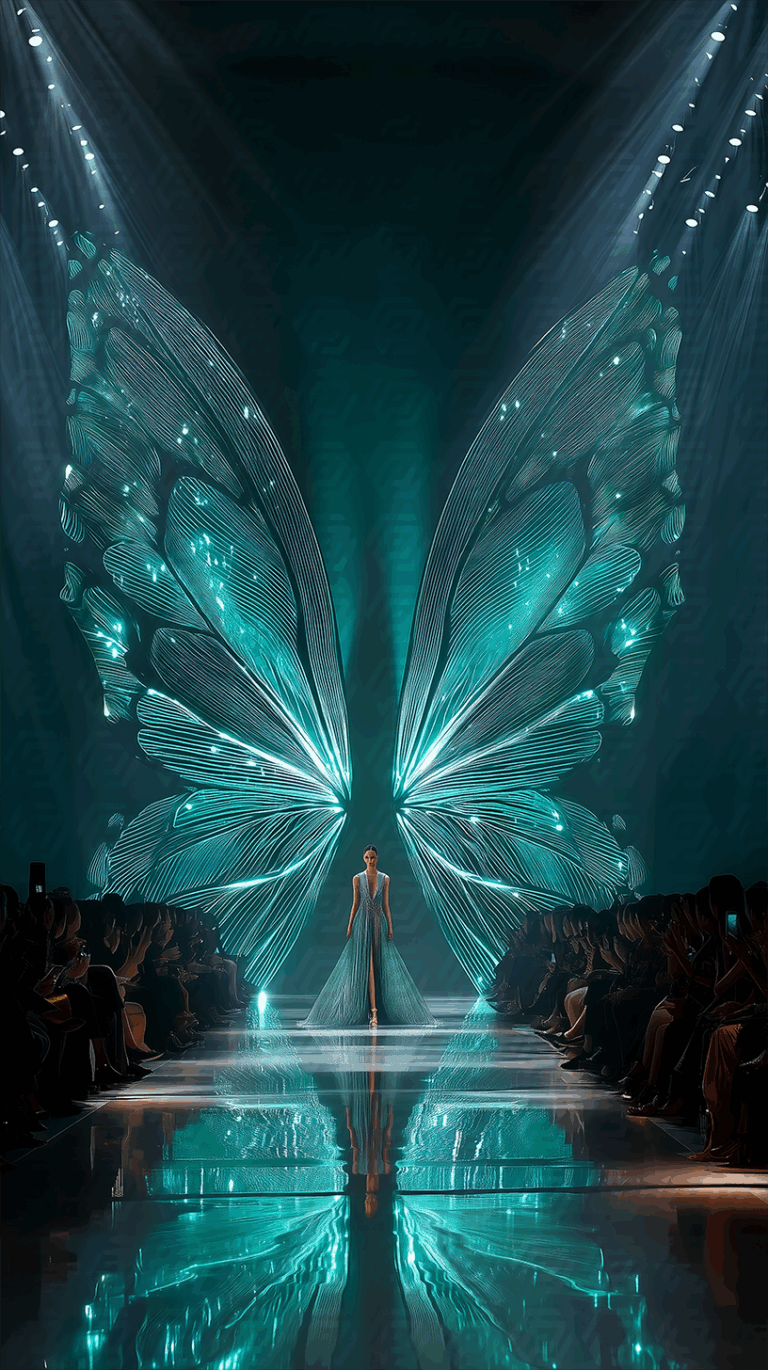 Glamorous Runway Show with Radiant Butterfly Wing Visuals
