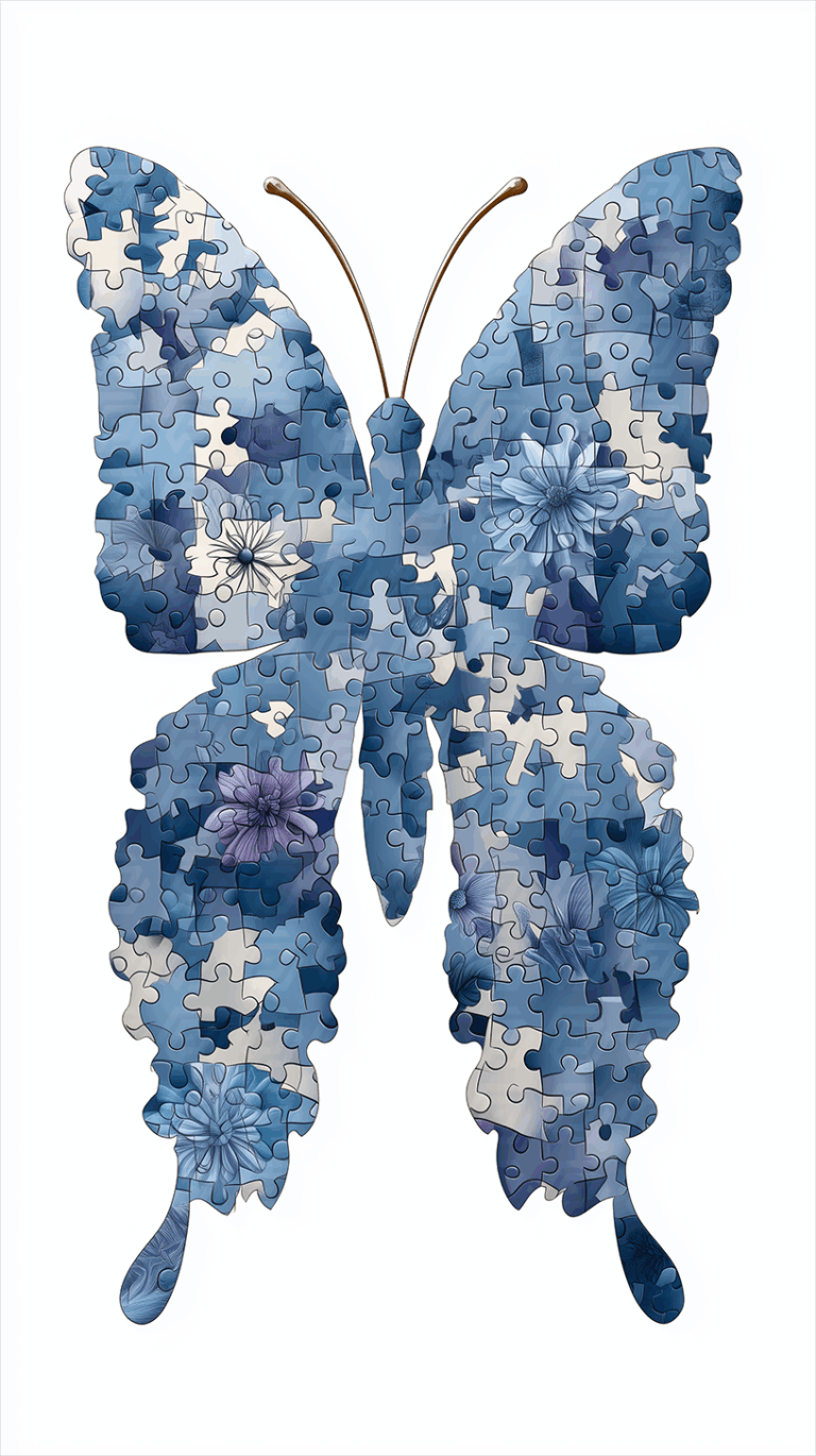 Butterfly Puzzle With Blue Flowers On White Background