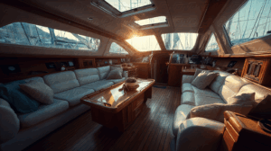Luxury Yacht Interior with White Leather Sofas and Sunset View