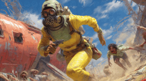 Hazmat Soldier Escaping Zombie Horde in Post-Apocalyptic Ruins
