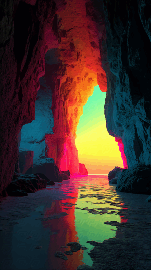 Surreal Coastal Cave with Neon Sunset Glow