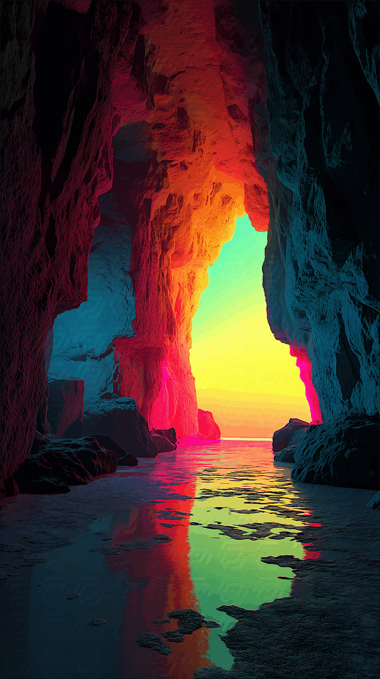 Surreal Coastal Cave with Neon Sunset Glow