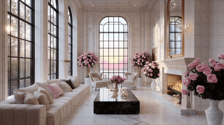Elegant Living Room with Sunset View and Pink Floral Decor