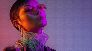 Futuristic Woman in Neon Glow with Transparent Fashion
