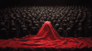 Figure in Red Cloth Surrounded by Veiled Crowd