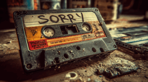 Vintage Cassette Tape with Handwritten Sorry Label on Dirty Surface