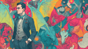 Elegant Man in Suit Surrounded by Mythical Creatures