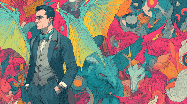 Elegant Man in Suit Surrounded by Mythical Creatures