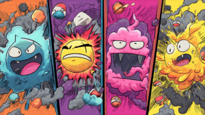 Explosive Cartoon Elements Battling in Dynamic Comic Style