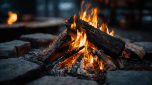 Evening Campfire Surrounded by Stone Pavers in a Cozy Setting