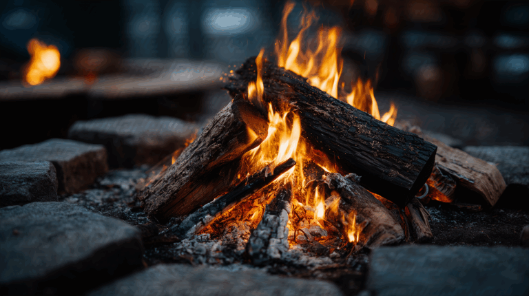 Evening Campfire Surrounded by Stone Pavers in a Cozy Setting