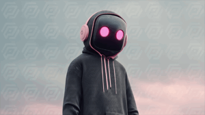 Modern Tech Character Wearing Headphones and Hoodie Outdoors