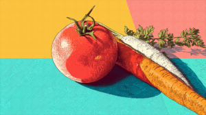 Assorted Carrots and Tomato on Color Block Background