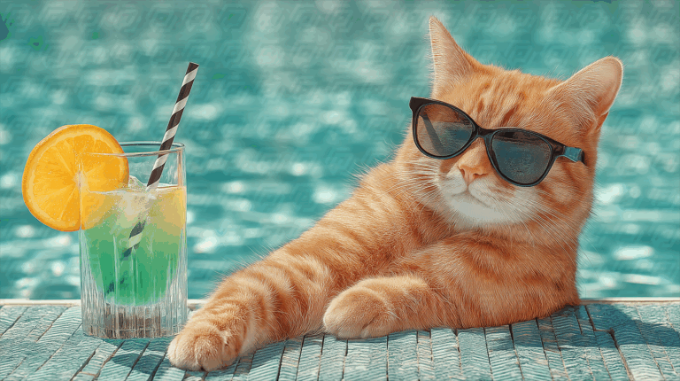 Cool Cat Wearing Sunglasses With Cocktail by Pool