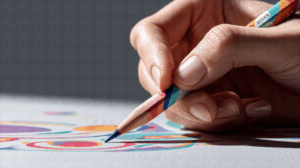 Woman Holding Multicolored Pencil Creating Vivid Abstract Art