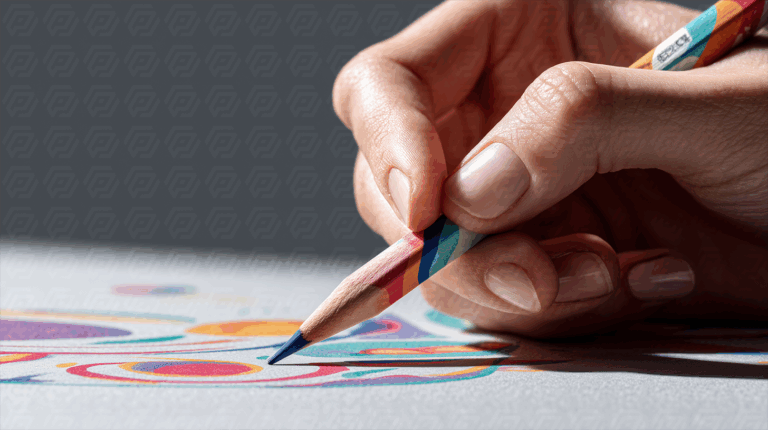 Woman Holding Multicolored Pencil Creating Vivid Abstract Art