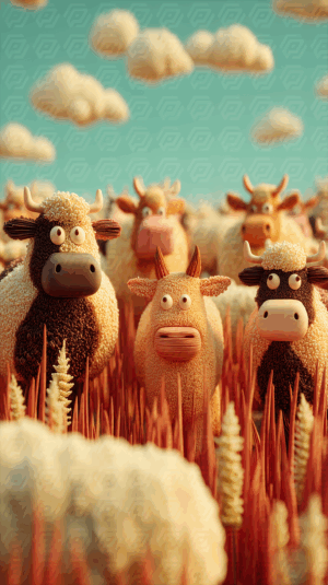 Comical Cartoon Cows Standing in a Red Grass Field
