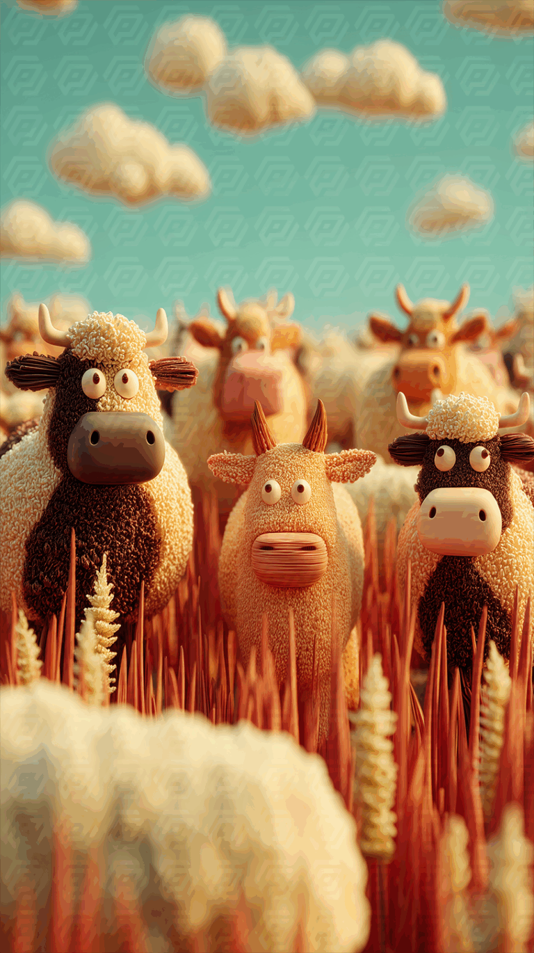 Comical Cartoon Cows Standing in a Red Grass Field