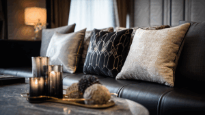 Elegant Sofa with Designer Pillows and Candlelight Ambiance
