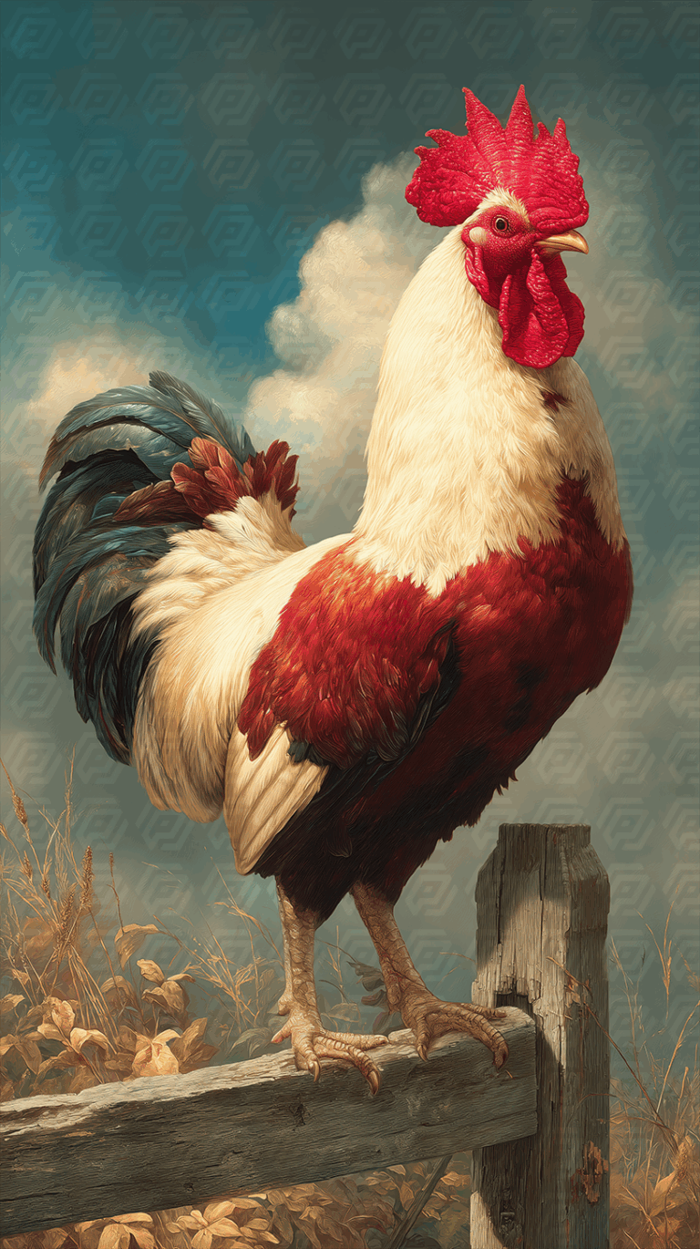 White And Red Rooster Standing On Fence In Country Scene