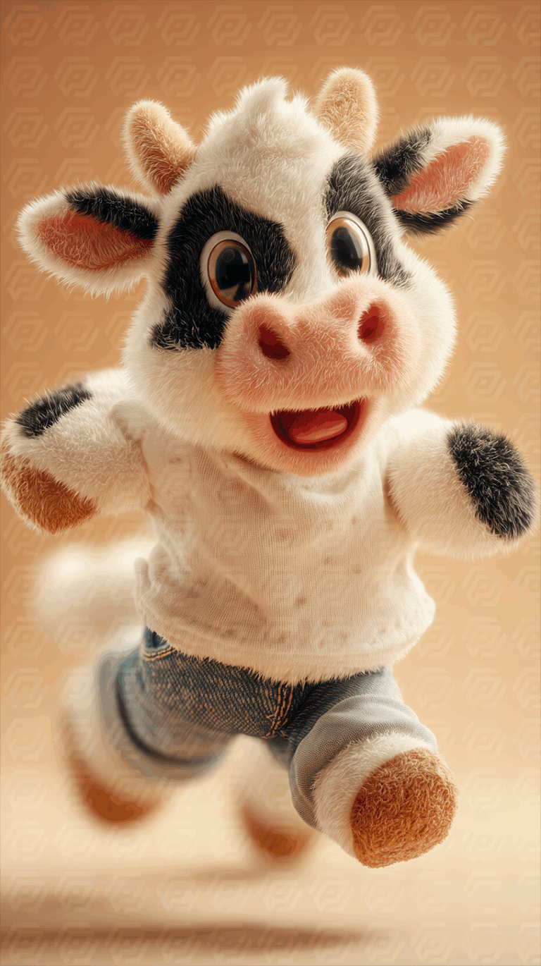 Cute Cartoon Cow in Jeans and T-Shirt Jumping Joyfully