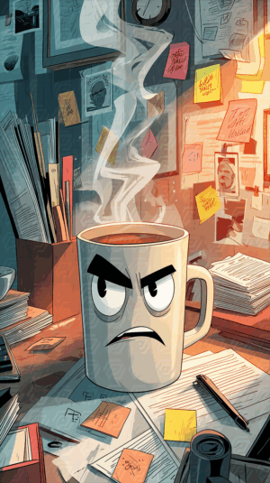 Moody White Coffee Mug in Dimly Lit Office with Smoke