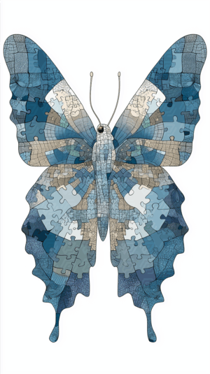 Abstract Blue Butterfly Puzzle With Geometric Patchwork