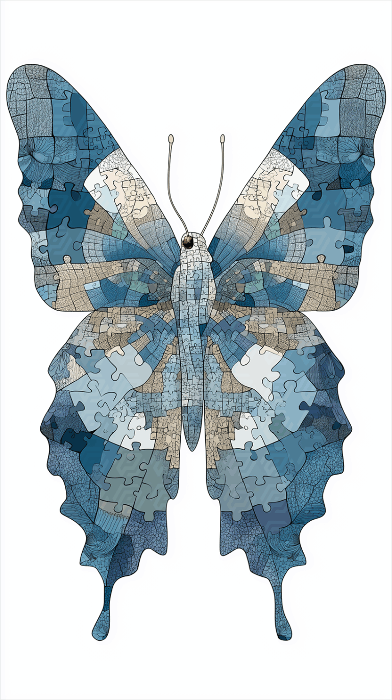 Abstract Blue Butterfly Puzzle With Geometric Patchwork