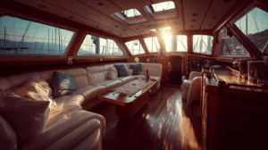 Upscale Yacht Lounge Interior with Sunset Reflections