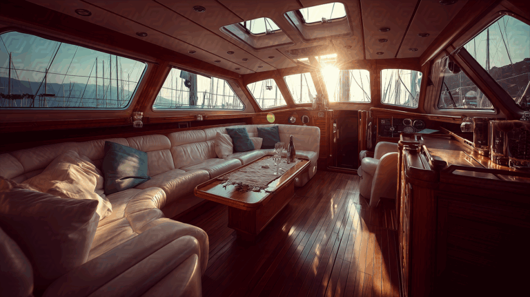 Upscale Yacht Lounge Interior with Sunset Reflections