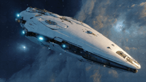 Sleek White Spacecraft Flying Above the Clouds