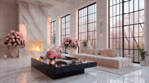 Modern Living Room with Floor to Ceiling Windows and Pink Accents