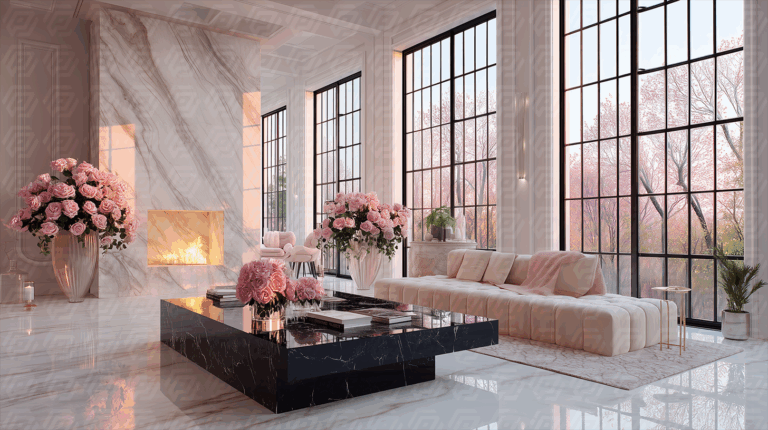 Modern Living Room with Floor to Ceiling Windows and Pink Accents