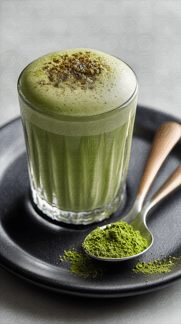 Frothy Matcha Latte with Spoonful of Powder